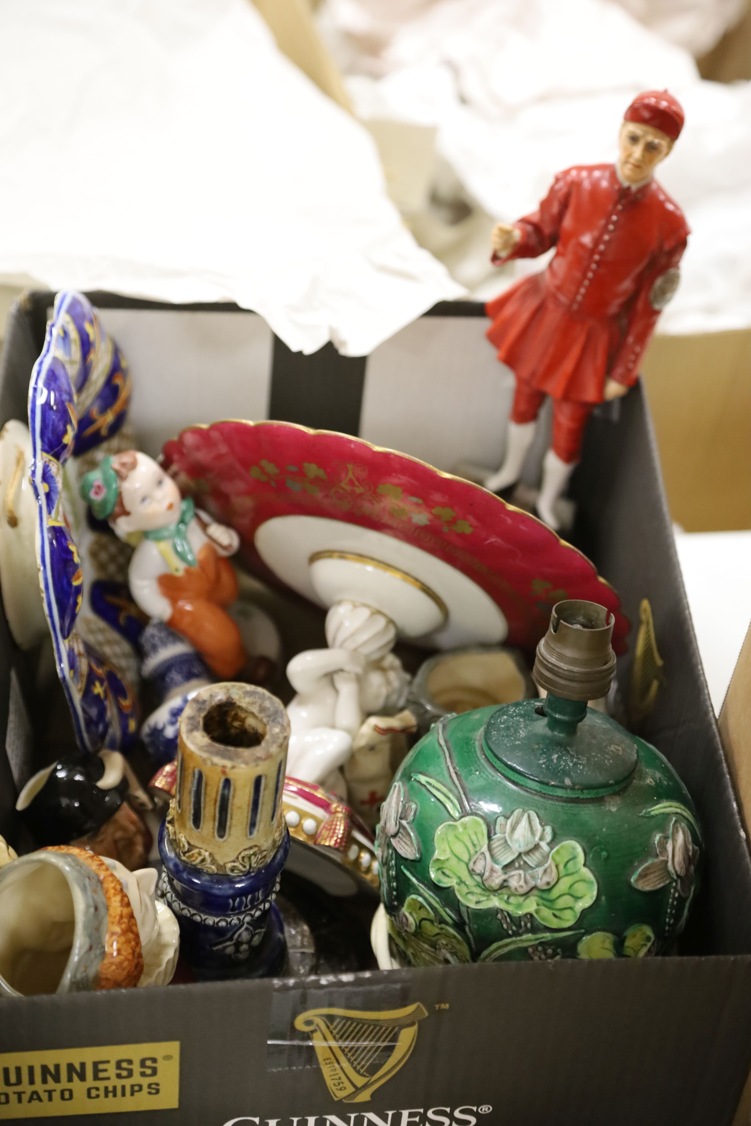 A Sitzendorf figure, Doulton character jugs, mixed ceramics and teaware